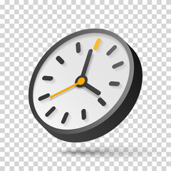 3d vector clock icon in flat style, time on transparent background. Business watch. Design element for you project