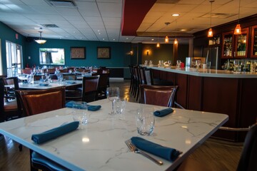 Fototapeta premium Modern Kitchen with Sleek White Marble Countertops and Bright Overhead Lighting in a Spacious Minimalist Decor Setting Ideal for Culinary and Dining Experiences