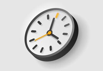 Clock icon in 3d flat style, with a yellow arrow. Time on white background. Business watch. Vector design element for you project