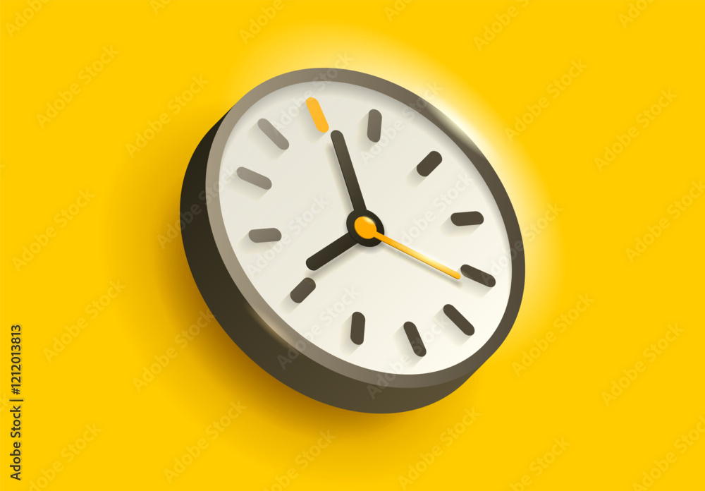 Poster clock icon in 3d flat style, with glow. time on yellow background. business watch. vector design ele