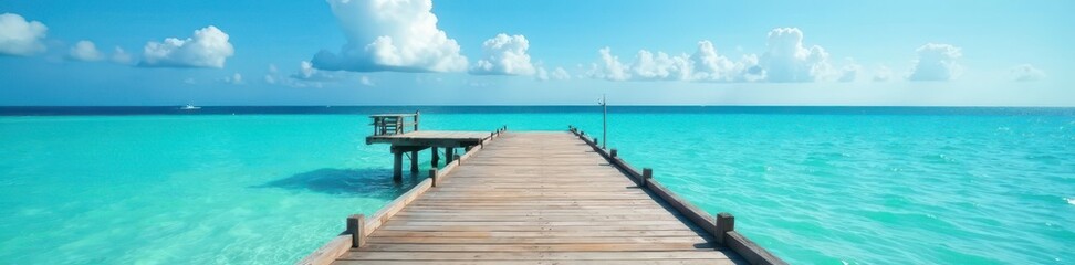Fototapeta premium Rustic wooden dock extending into calm turquoise sea against vibrant sky , boardwalk, pier