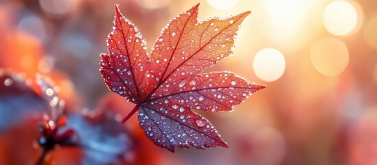Fototapeta premium Autumn's Embrace: A Dew-Kissed Maple Leaf Basking in the Golden Sunlight