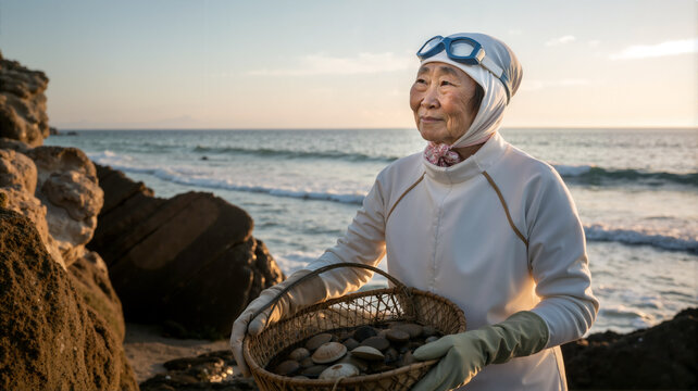An elderly Japanese Ama diver in traditional attire collecting shellfish on a serene rocky coast at sunrise.