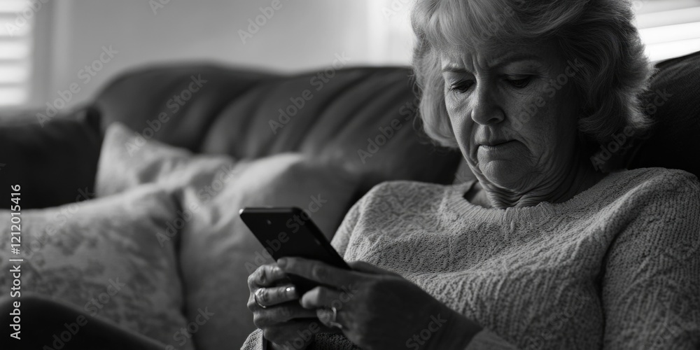 Poster a person relaxing on a couch while checking their phone, suitable for use in social media posts or a