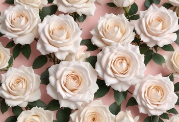 Obraz premium Seamless pattern of white roses on a light pink background for a minimalist look, backdrop, serene, simple
