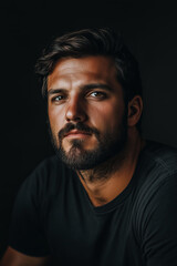 Fototapeta premium a close-up portrait of a bearded man with dark hair and deep eyes, wearing a simple black t-shirt, illuminated by soft light highlighting his facial features, set against a dark background 
