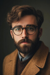 Obraz premium a portrait of a young man with a beard and glasses, wearing a warm brown coat and layered clothing, soft natural light creating a cozy atmosphere, concept of intellectual style, autumn fashion, modern