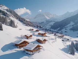 Fototapete Rund Snowy Alpine village winter scene, mountain backdrop, ideal for travel brochures © Rapit