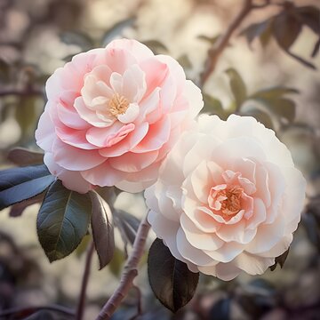 Beautiful pink and white camellia flowers blooming in a serene garden setting during spring