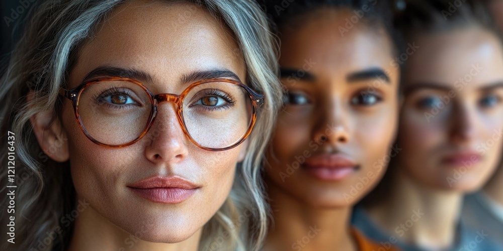 Poster a group of women wearing glasses stand together, informative phrase about what pictured on image and