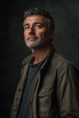 Fototapeta premium a studio portrait of a mature man with a confident expression, wearing a casual olive green jacket and dark shirt, dark textured background, soft and dramatic lighting, concept of timeless masculinity