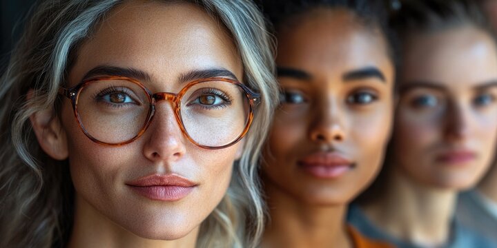 A group of women wearing glasses stand together, informative phrase about what pictured on image and a one phrase with a short advice of where may be used this picture