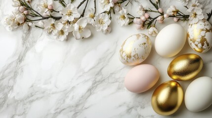 Elegant display of decorated easter eggs and cherry blossoms on marble surface