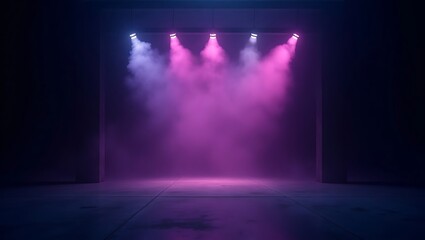 A dark, futuristic space illuminated by vibrant pink and purple lights with hazy fog.
