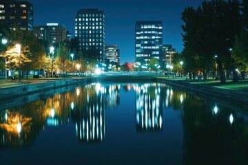 Naklejka premium Nighttime Panoramic View of a Financial Hub Showcasing City Lights Reflected in a Calm River with Urban Park on the Bank