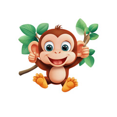 Obraz premium Adorable Cartoon Baby Monkey Hanging on Branch