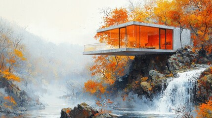 Autumnal Waterfall Retreat: Modern Glass House Overlooking a Misty River Valley