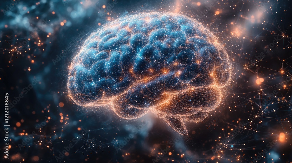 Poster glowing abstract brain with neural network connections in a cosmic space