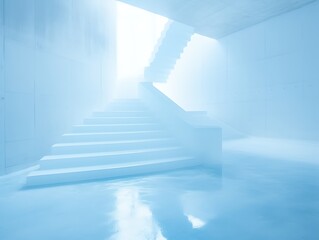 White staircase in a hazy, minimalist interior.