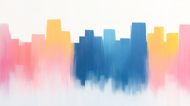 Minimalist abstract painting depicting city skyline with soft gradient brushstrokes in pastel pink, blue, and yellow, evoking sense of calm and creativity