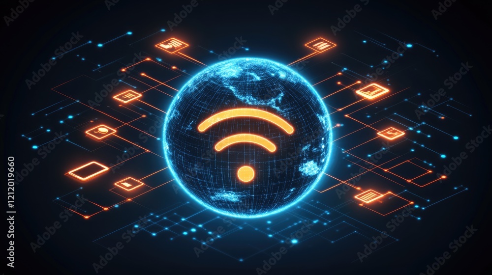 Poster glowing digital network sphere with wi-fi symbol on a futuristic circuit background