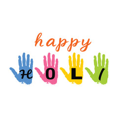 Obraz premium Creative Holi banner featuring vibrant handprints spelling Holi and Happy above, perfect for festive designs