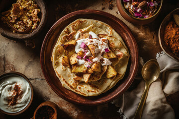 Golden parathas stuffed with spiced potato, paired with tangy chaat and creamy yogurt sprinkled with spices.