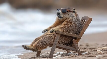 Groundhog relaxing in sunglasses on beach chair by the ocean shore