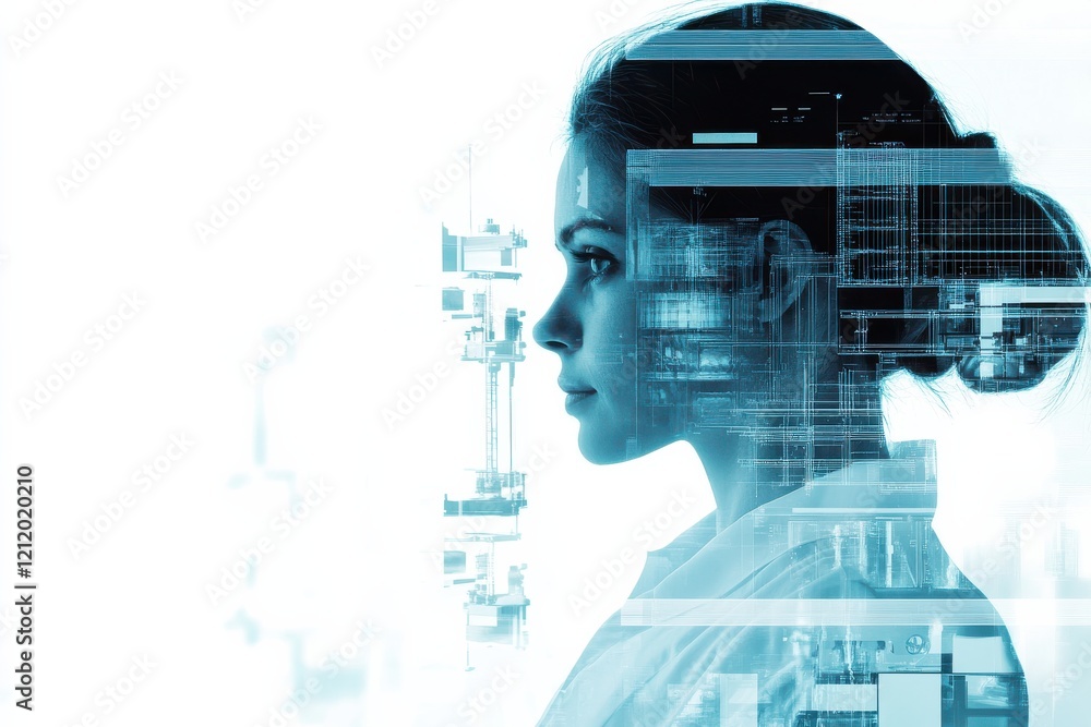 Poster portrait of a female engineer merging with transparent technical blueprints and machine elements in 