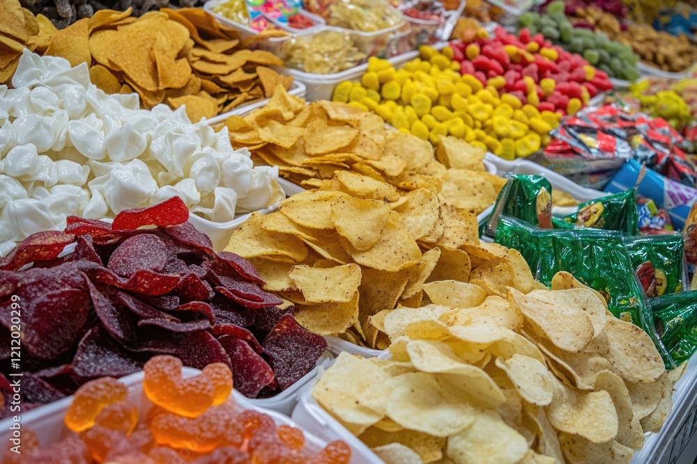Poster Assortment of chips and jellys in a store display case