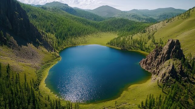 Mountain lake aerial view, lush green valley, sunny day, travel backdrop