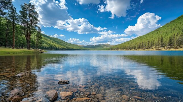 Calm lake reflecting sky, pine forests, Mongolia; nature serenity