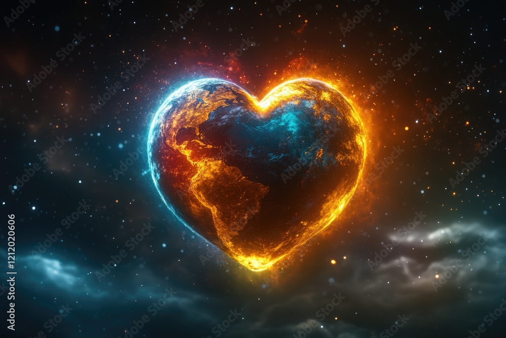 Poster A heart-shaped object floating in space with stars and galaxies surrounding it