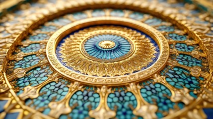 Fototapeta premium Gold, blue, ornate, ceiling, detail, close-up, rosette, background, luxury, design