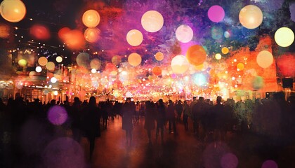 A vibrant long shot of a festive celebration space filled with colorful decorations