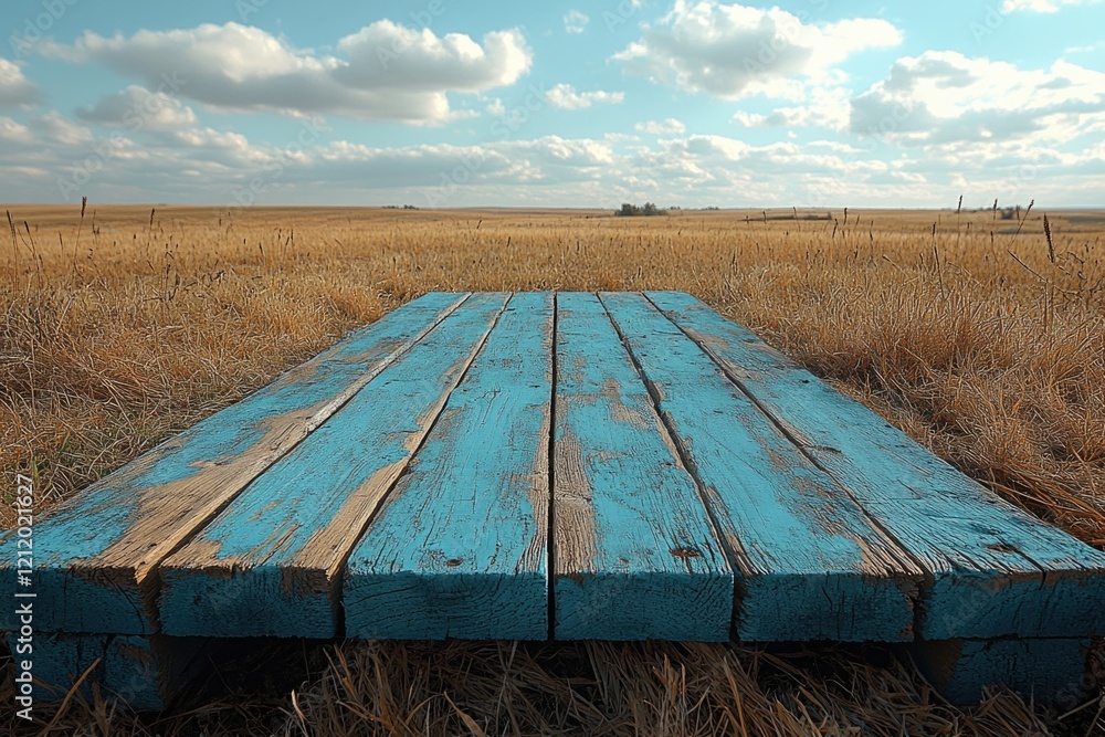 Poster a simple wooden bench sits in a green field, perfect for a relaxing day out