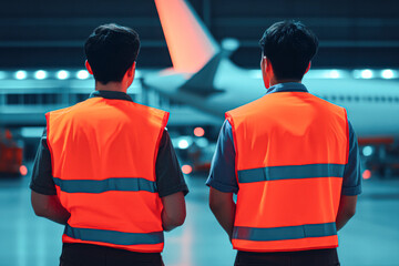 Two men in orange vests stand in front of an airplane