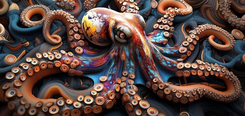 Fototapeta premium A vibrant octopus dynamically expressing emotions, swirling patterns and colors blending into its environment, wide-angle view, intricate details, photorealistic digital art