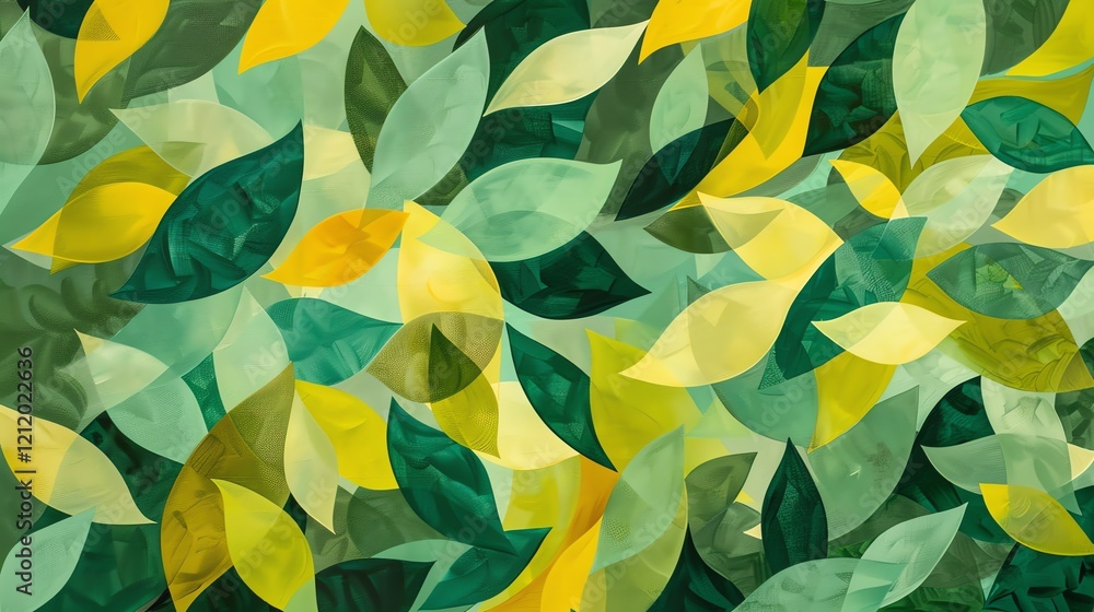 Poster green and yellow leaves of different shapes and sizes with a painterly quality, arranged in a random