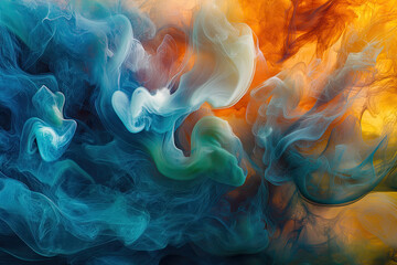 Obraz premium Abstract background of dense smoke curling in vivid colors, forming an ethereal cinematic texture with a blend of warm and cool tones 