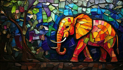 タイの伝統的な布をまとったゾウを描いた鮮やかなステンドグラスアート。generative ai。