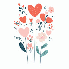 Romantic Bouquet of Hearts and Flowers, Vector flowers illustration, line illustration, Valentine's Day