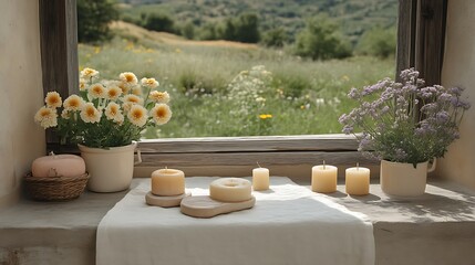 Fototapeta premium Serene Windowsill Still Life with Flowers and Candles