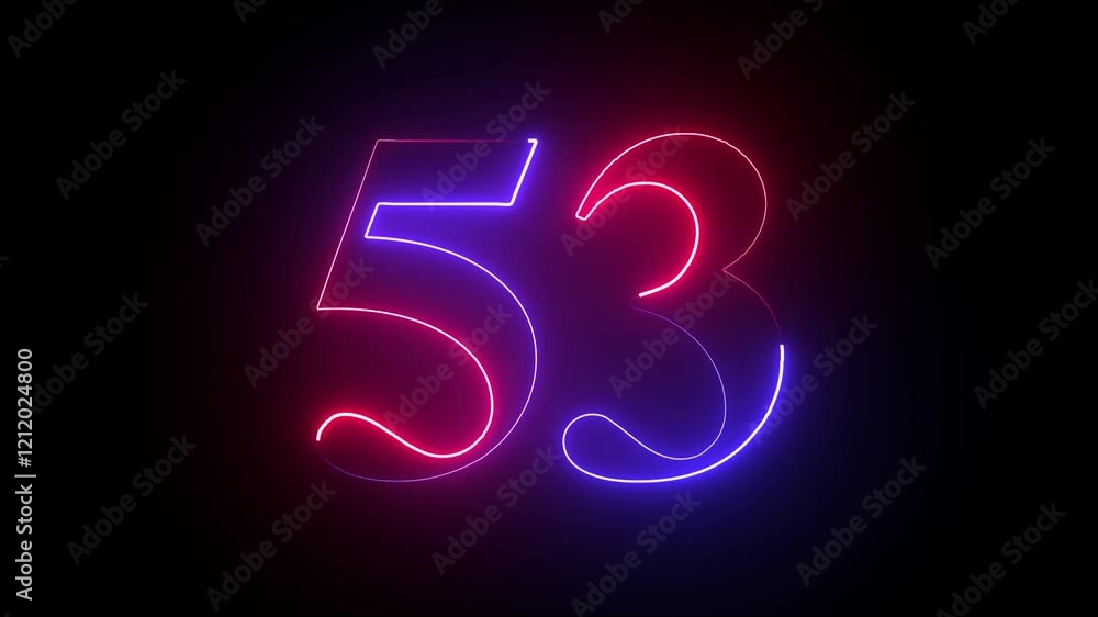 Poster abstract glowing neon number 53. educational mathematics 53 animation on black background in blue an