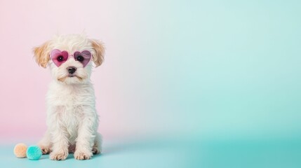 Cute puppy with heart shaped sunglasses and colorful toys on pastel background