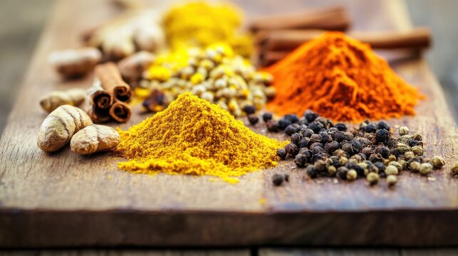 A selection of Ayurvedic spices, such as turmeric, cumin
