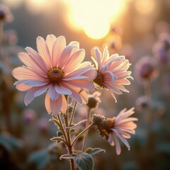 Delicate pink flowers glistening in the golden sunrise glow.