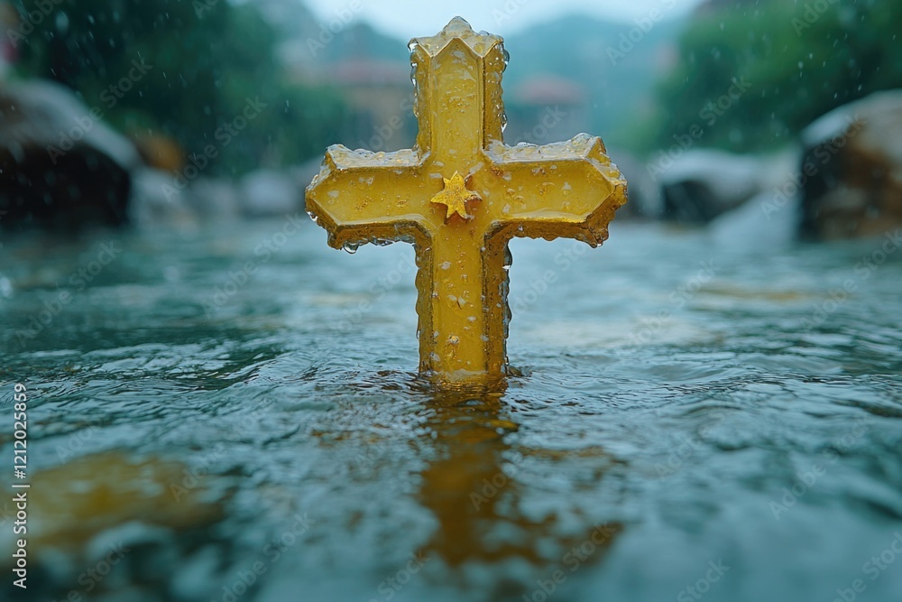 Poster a yellow cross floating on the surface of a calm river