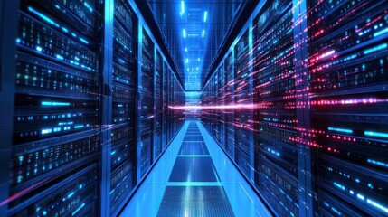 Fototapeta premium Futuristic server room with glowing data streams.