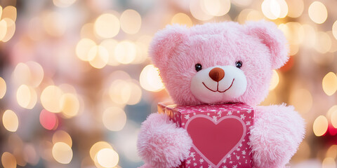 Fototapeta premium Pink Teddy Bear with Heart and Gift Box for Valentine’s Day